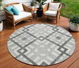 8' Gray Charcoal And Ivory Round Geometric Washable Indoor Outdoor Area Rug