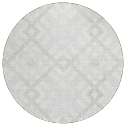 8' Ivory Beige And Tan Round Geometric Washable Indoor Outdoor Area Rug