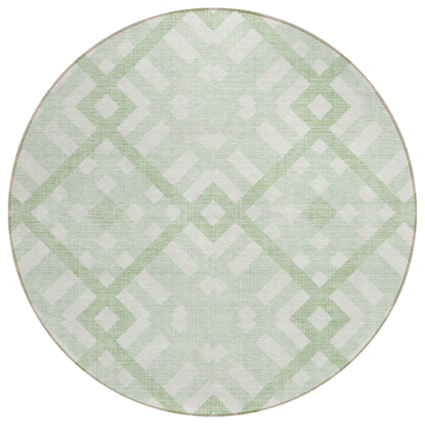 8' Mint Green And Ivory Round Geometric Washable Indoor Outdoor Area Rug