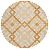 8' Peach Orange And Ivory Round Geometric Washable Indoor Outdoor Area Rug