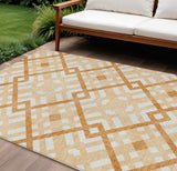8' X 10' Peach Orange And Ivory Geometric Washable Indoor Outdoor Area Rug