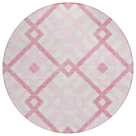 8' Pink Blush And Ivory Round Geometric Washable Indoor Outdoor Area Rug