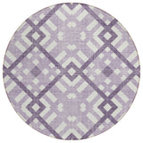 8' Purple Lilac And Ivory Round Geometric Washable Indoor Outdoor Area Rug