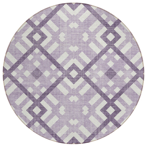 8' Purple Lilac And Ivory Round Geometric Washable Indoor Outdoor Area Rug