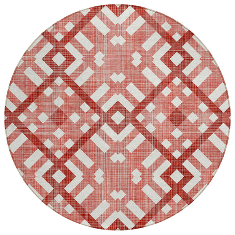 8' Red And Ivory Round Geometric Washable Indoor Outdoor Area Rug
