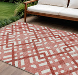 8' X 10' Red And Ivory Geometric Washable Indoor Outdoor Area Rug