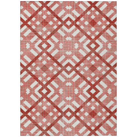 8' X 10' Red And Ivory Geometric Washable Indoor Outdoor Area Rug