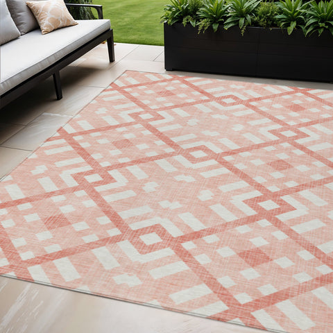 5' X 8' Salmon Peach And Ivory Geometric Washable Indoor Outdoor Area Rug