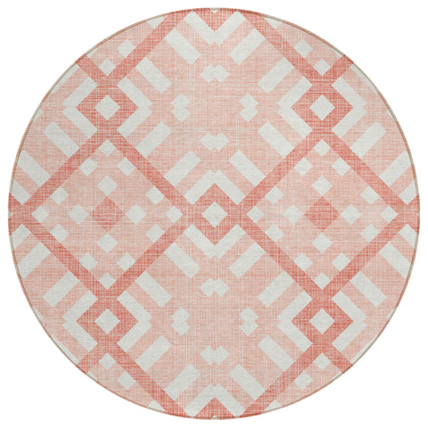 8' Salmon Peach And Ivory Round Geometric Washable Indoor Outdoor Area Rug
