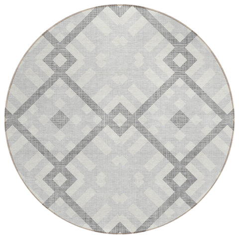 8' Silver Gray And Ivory Round Geometric Washable Indoor Outdoor Area Rug