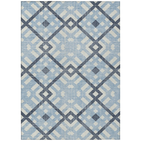 3' X 5' Sky Blue Navy Blue And Ivory Geometric Washable Indoor Outdoor Area Rug