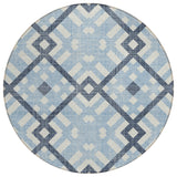8' Sky Blue Navy Blue And Ivory Round Geometric Washable Indoor Outdoor Area Rug