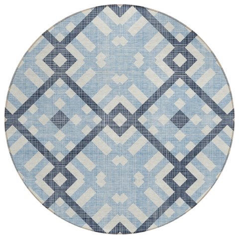 8' Sky Blue Navy Blue And Ivory Round Geometric Washable Indoor Outdoor Area Rug