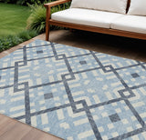 8' X 10' Sky Blue Navy Blue And Ivory Geometric Washable Indoor Outdoor Area Rug