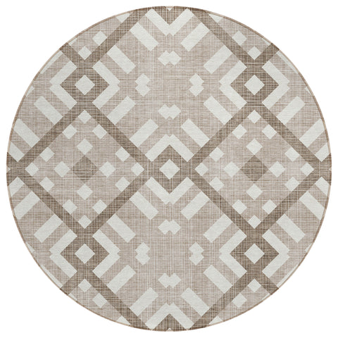8' Taupe Brown And Ivory Round Geometric Washable Indoor Outdoor Area Rug
