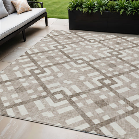 8' X 10' Taupe Brown And Ivory Geometric Washable Indoor Outdoor Area Rug