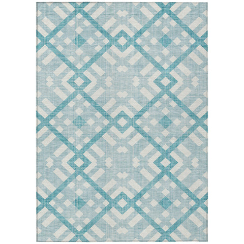 5' X 8' Teal Blue Aqua And Ivory Geometric Washable Indoor Outdoor Area Rug