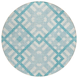 8' Teal Blue Aqua And Ivory Round Geometric Washable Indoor Outdoor Area Rug