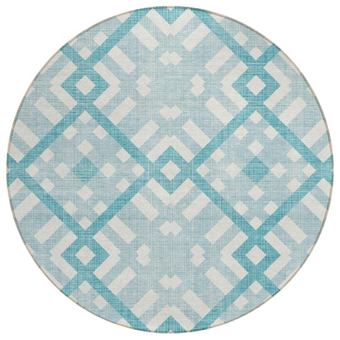8' Teal Blue Aqua And Ivory Round Geometric Washable Indoor Outdoor Area Rug