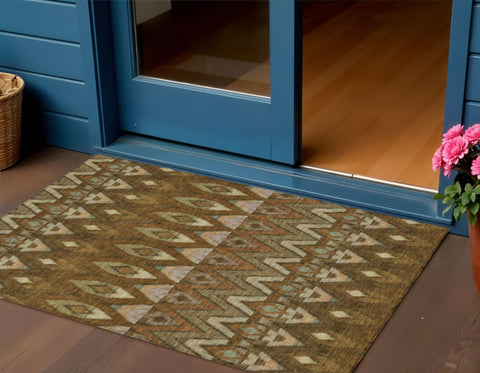 3' X 5' Brown Beige And Artichoke Green Southwestern Washable Indoor Outdoor Area Rug