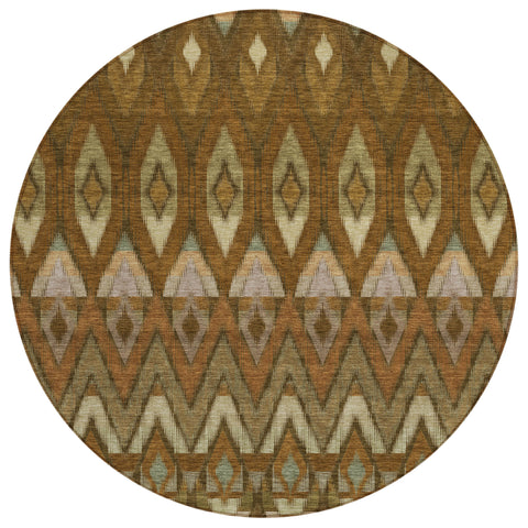 8' Brown Beige And Artichoke Green Round Southwestern Washable Indoor Outdoor Area Rug