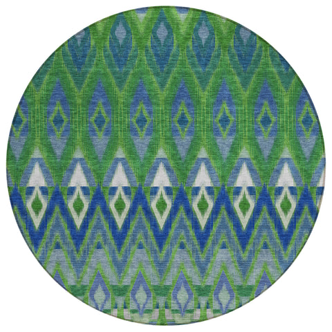 8' Green And Blue Round Southwestern Washable Indoor Outdoor Area Rug