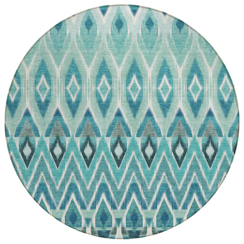 8' Teal Blue Aqua And Mint Green Round Southwestern Washable Indoor Outdoor Area Rug