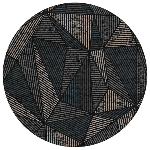 8' Black Charcoal And Gray Round Geometric Washable Indoor Outdoor Area Rug
