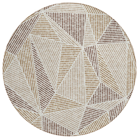 8' Brown Taupe And Beige Round Geometric Washable Indoor Outdoor Area Rug