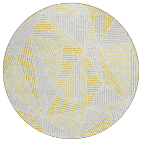 8' Gold Gray And Wheat Round Geometric Washable Indoor Outdoor Area Rug