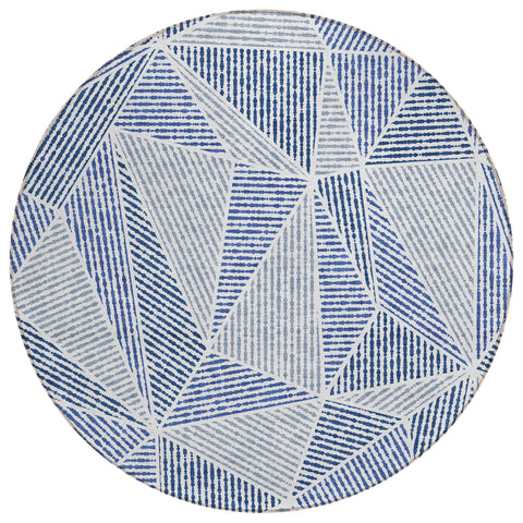 8' Navy Blue And Denim Blue Round Geometric Washable Indoor Outdoor Area Rug