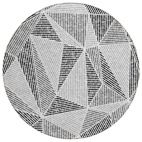 8' Pewter Charcoal And Gray Round Geometric Washable Indoor Outdoor Area Rug