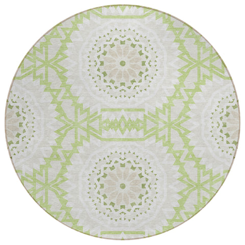 8' Artichoke Green Olive Green And Tan Round Floral Medallion Washable Indoor Outdoor Area Rug