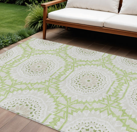 8' X 10' Artichoke Green Olive Green And Tan Floral Medallion Washable Indoor Outdoor Area Rug