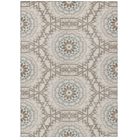 3' X 5' Beige Brown And Teal Blue Floral Medallion Washable Indoor Outdoor Area Rug