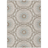 5' X 8' Beige Brown And Teal Blue Floral Medallion Washable Indoor Outdoor Area Rug