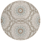 8' Beige Brown And Teal Blue Round Floral Medallion Washable Indoor Outdoor Area Rug