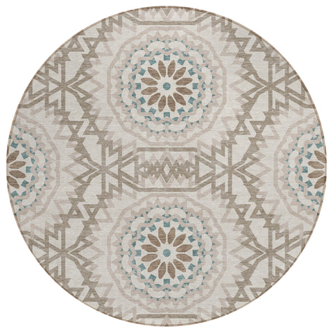 8' Beige Brown And Teal Blue Round Floral Medallion Washable Indoor Outdoor Area Rug