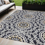 5' X 8' Black Ivory And Gray Floral Medallion Washable Indoor Outdoor Area Rug