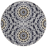 8' Black Ivory And Gray Round Floral Medallion Washable Indoor Outdoor Area Rug
