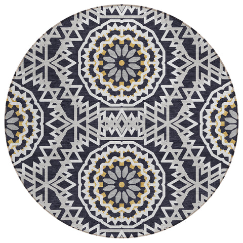 8' Black Ivory And Gray Round Floral Medallion Washable Indoor Outdoor Area Rug