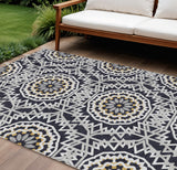 8' X 10' Black Ivory And Gray Floral Medallion Washable Indoor Outdoor Area Rug