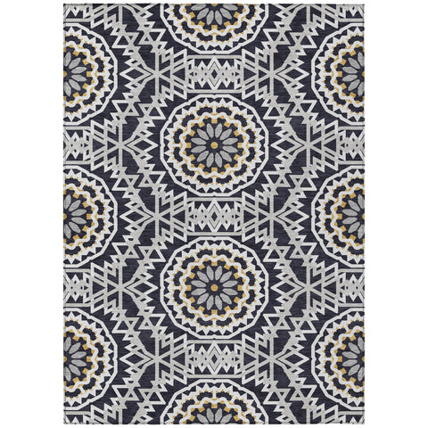 8' X 10' Black Ivory And Gray Floral Medallion Washable Indoor Outdoor Area Rug