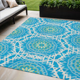 5' X 8' Ivory And Sky Blue Floral Medallion Washable Indoor Outdoor Area Rug