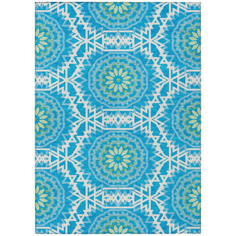 5' X 8' Ivory And Sky Blue Floral Medallion Washable Indoor Outdoor Area Rug
