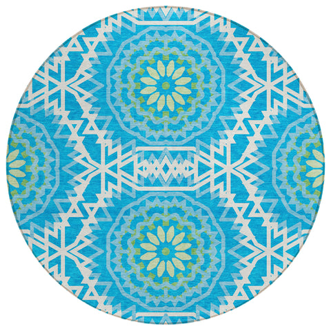 8' Ivory And Sky Blue Round Floral Medallion Washable Indoor Outdoor Area Rug
