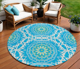 8' Ivory And Sky Blue Round Floral Medallion Washable Indoor Outdoor Area Rug