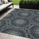 5' X 8' Charcoal Gray And Ivory Floral Medallion Washable Indoor Outdoor Area Rug