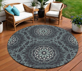 8' Charcoal Gray And Ivory Round Floral Medallion Washable Indoor Outdoor Area Rug