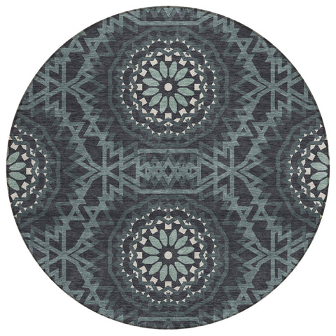 8' Charcoal Gray And Ivory Round Floral Medallion Washable Indoor Outdoor Area Rug